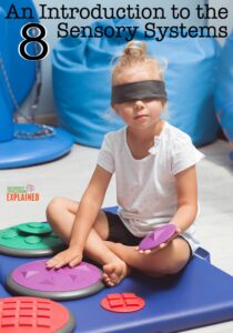 a young blond girl sits blindfolded on a blue mat holding a purple textured piece while touching another purple textured piece with her other hand. The text reads "An Introduction to the 8 Sensory Systems"
